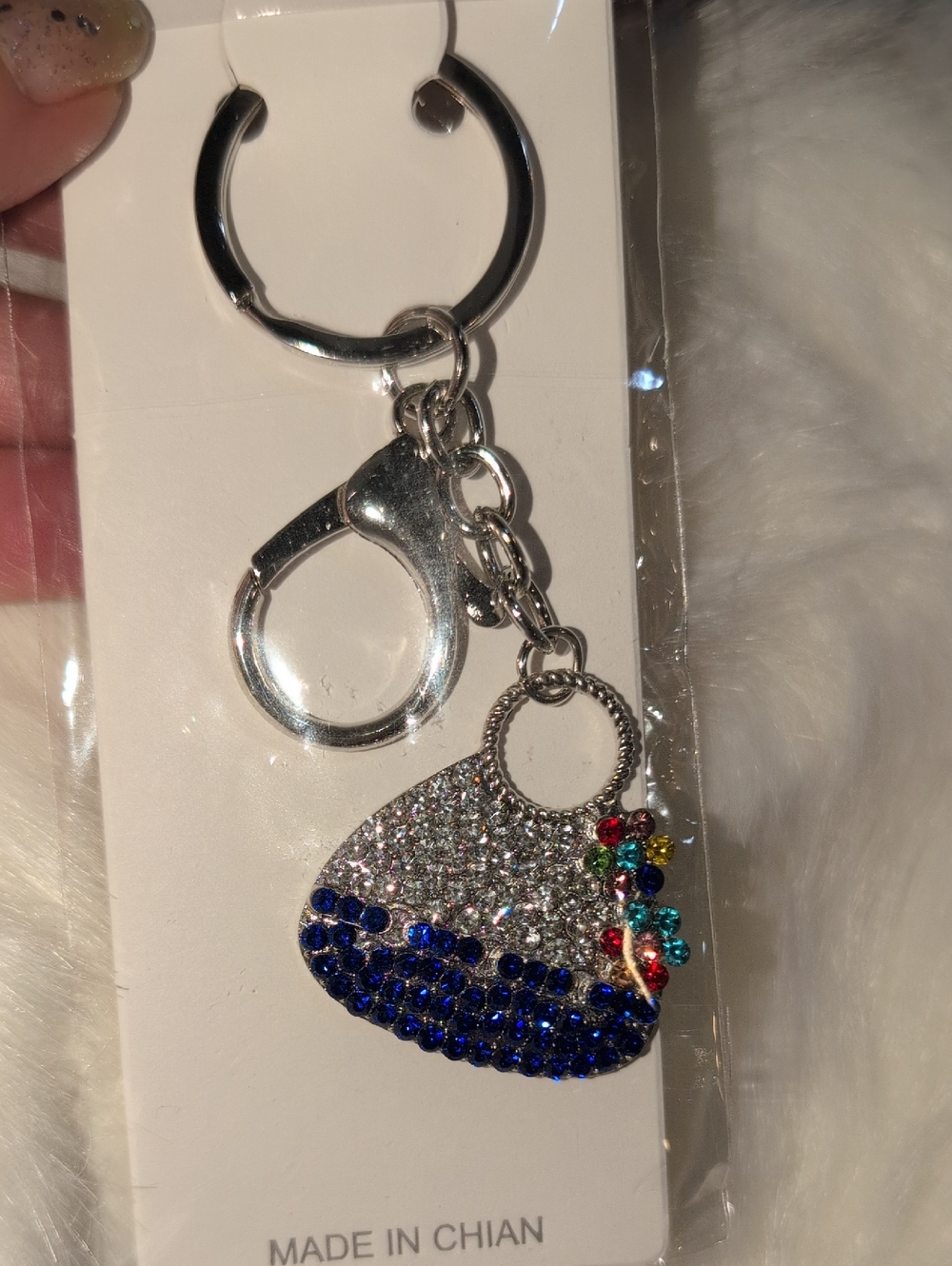 Ella Silver Blue Crystal Handbag Keychain with Multicolor Accents